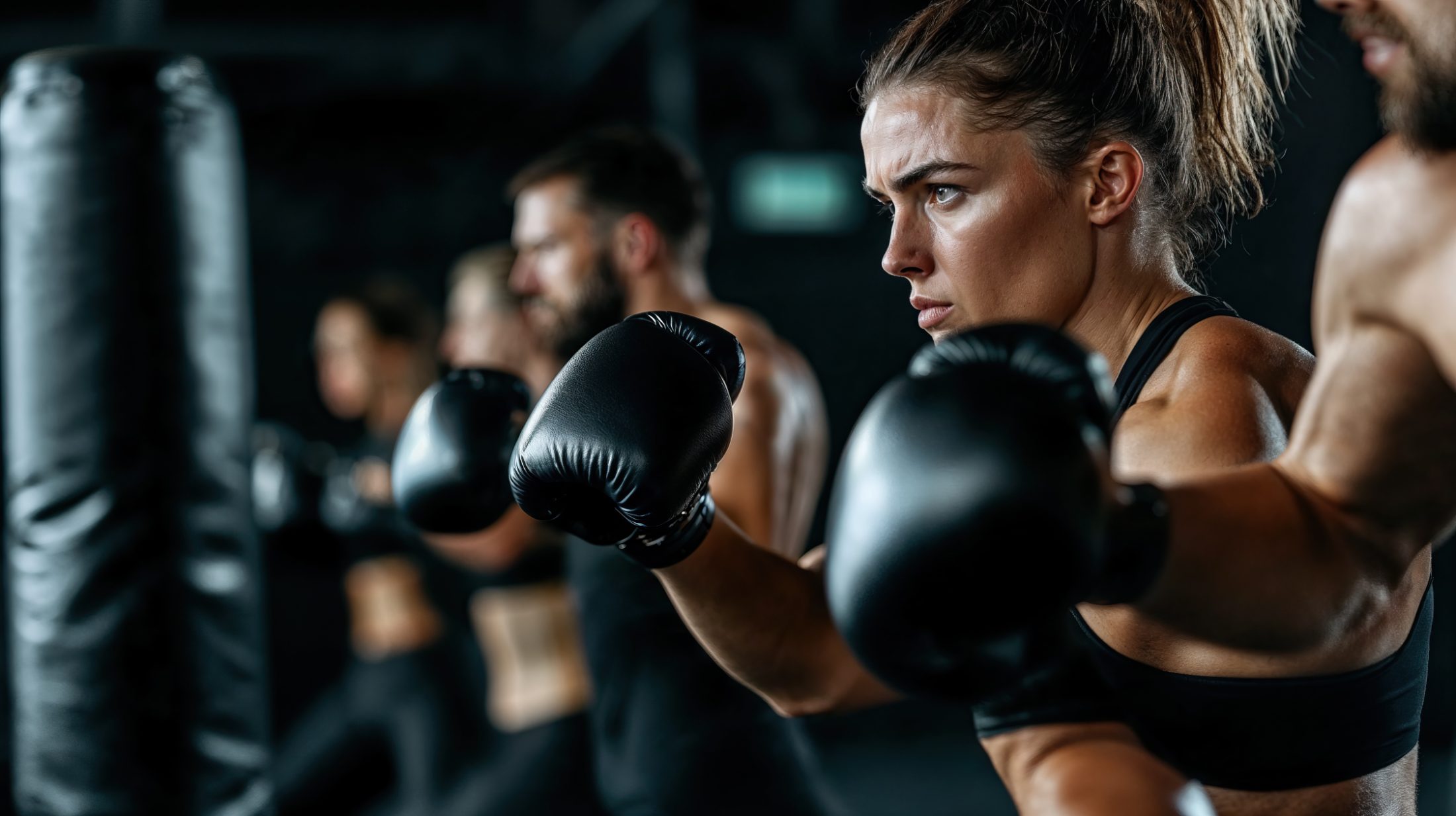 A co-ed boxing class working the bags side by side