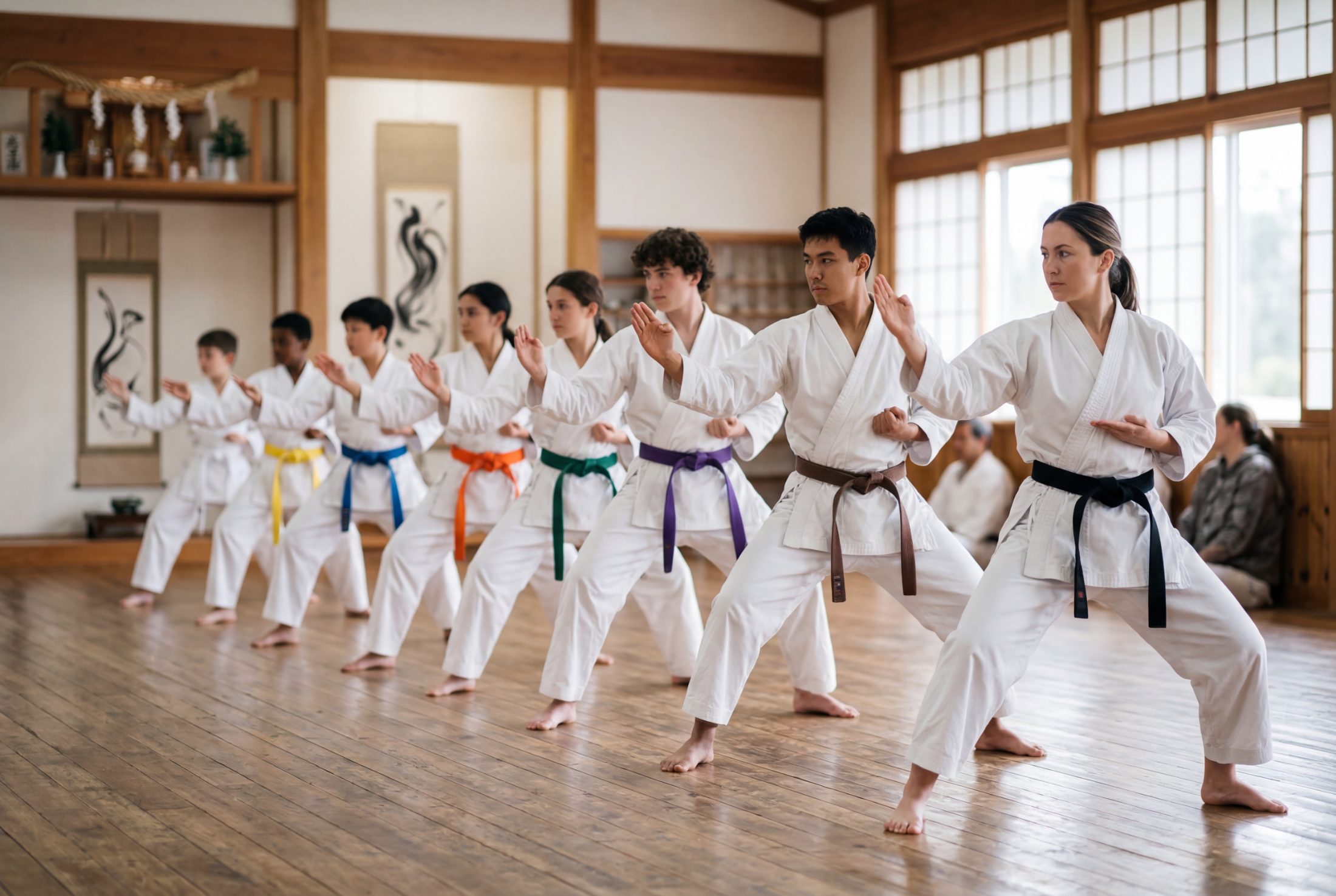 A karate class holding a stance in line, every belt colour on the floor