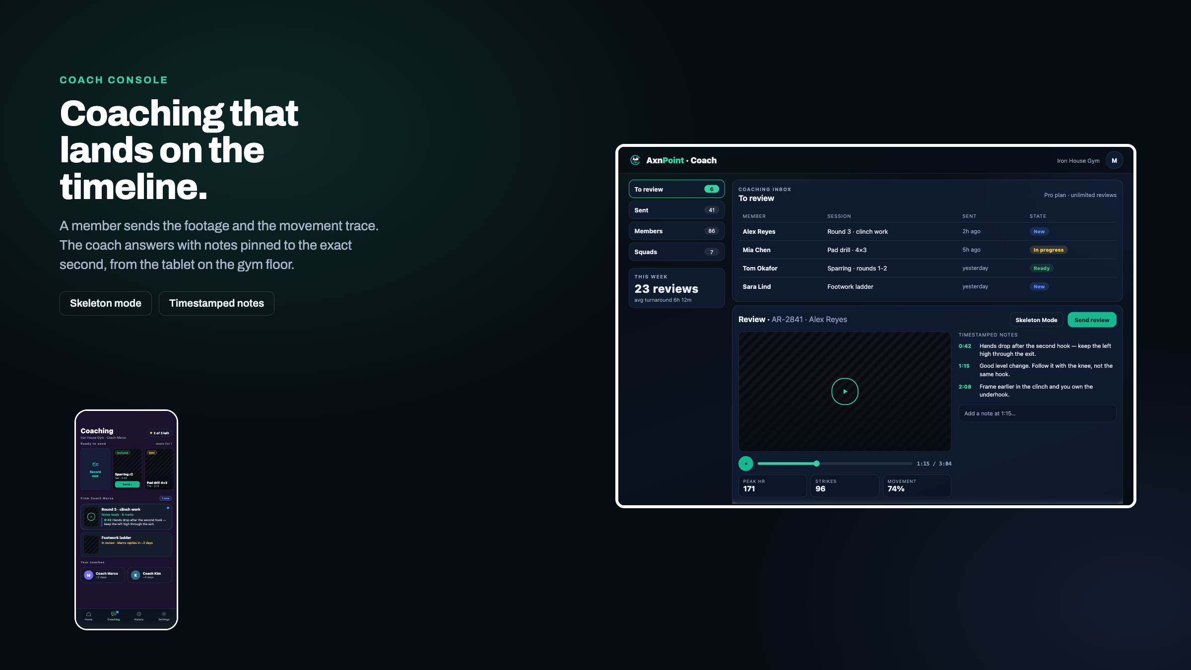The coach console on a tablet beside the member's phone — a submitted round, its timestamped notes and the reply